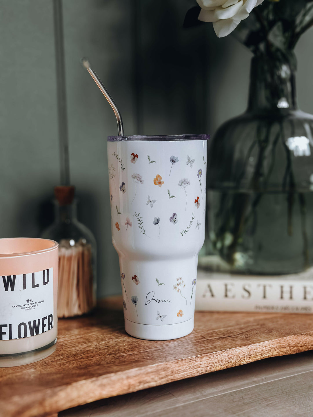 personalised 30oZ stainless steel tumbler with wildflower design